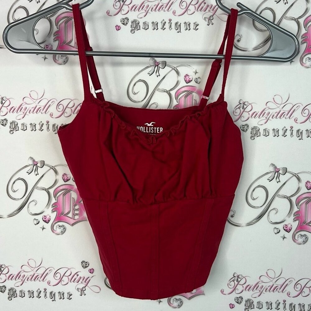 Hollister tank top cropped milkmaid ruffle crop cropped Crimson Strappy Top